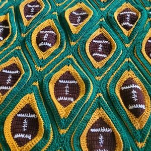 Handmade Football Pattern Throw Blanket - Green, Yellow, and Brown
